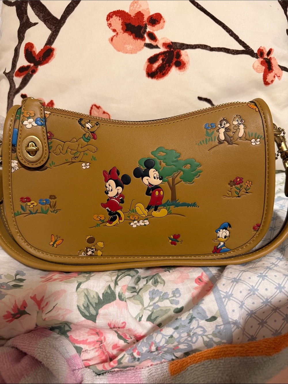 Coach Tan Leather Shoulder Bag with Disney Character Print